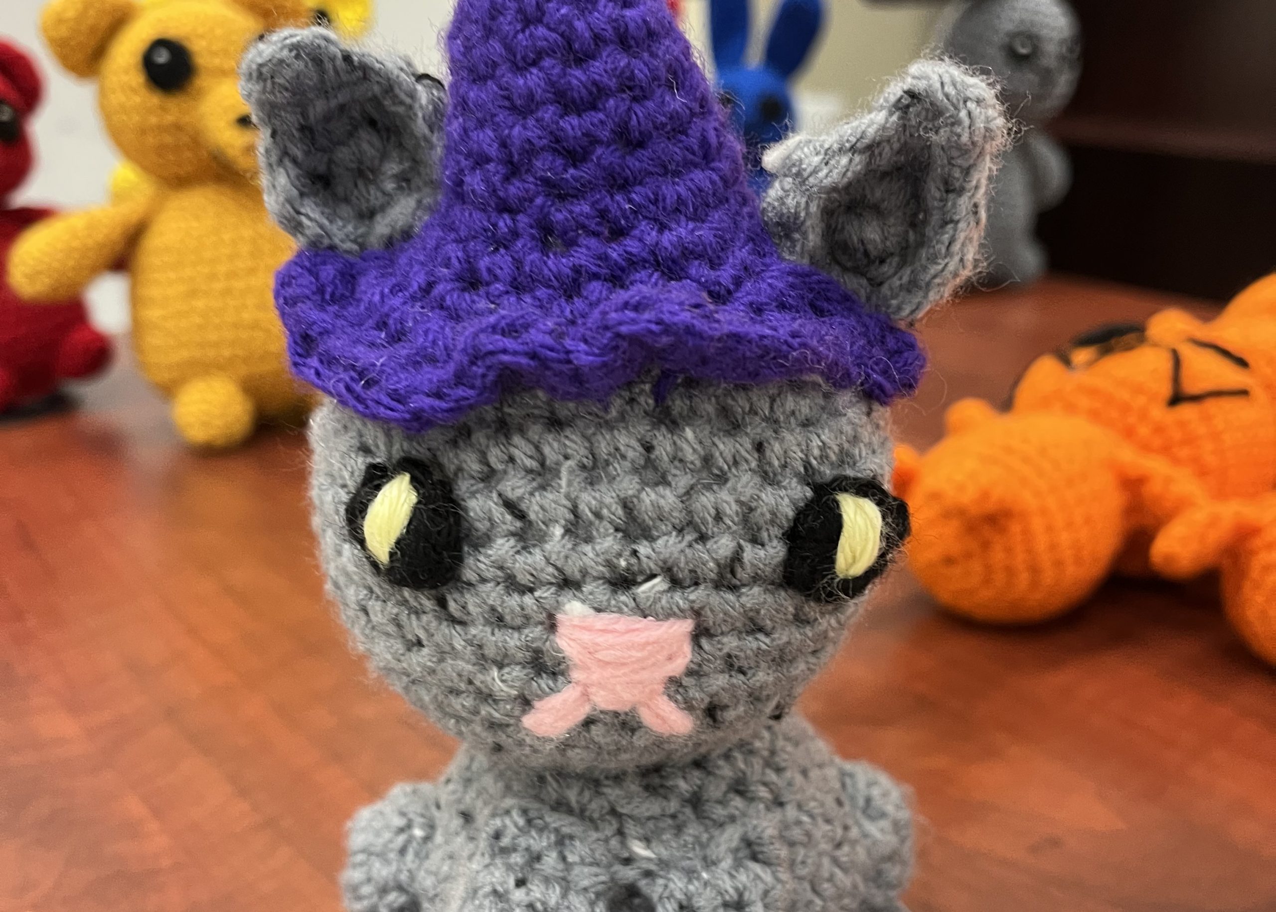 An adorable cat with a witch hat an inmate crocheted